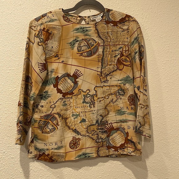 Vintage Tops - Vtg‎ 90s Silk map print blouse
